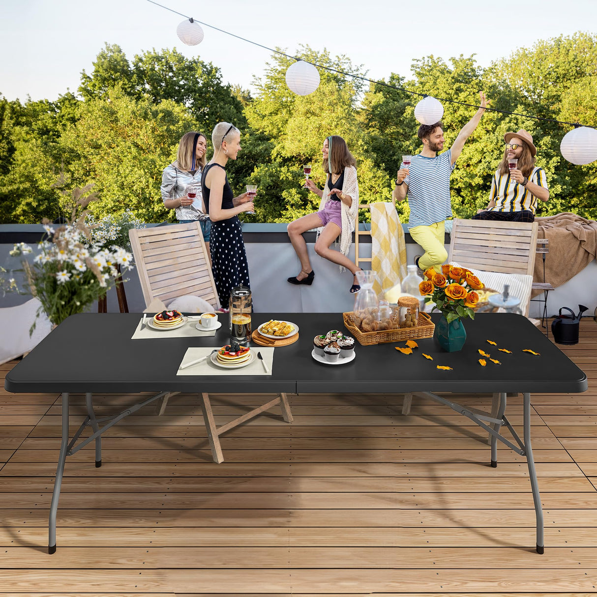 YITAHOME 8FT Heavy Duty Folding Table for Indoors & Outdoors Use, Versatile Rectangle Folding Table with Carrying Handle for Camping, Picnics, Parties, and Events, Black YITAHOME