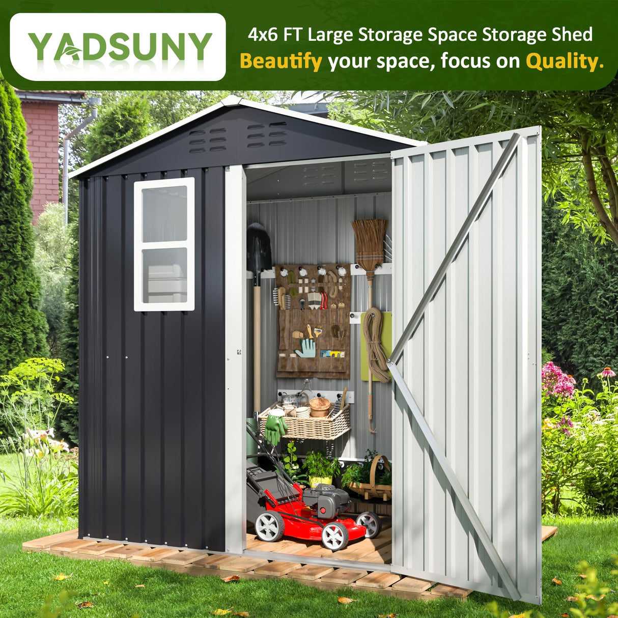 YADSUNY 6x4 FT Outdoor Storage Shed, Metal Garden Tool Shed with Updated Frame Structure, Lockable Doors and Windows, Ideal for Backyard Garden Patio Lawn, Grey YADSUNY