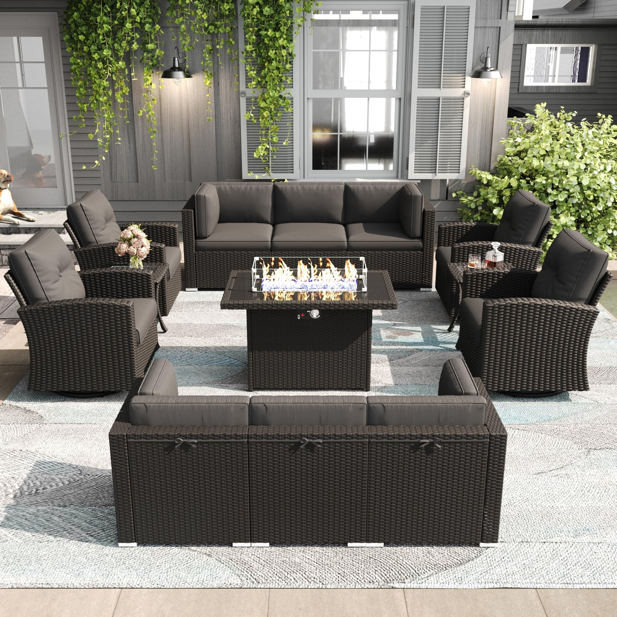 LayinSun 13 Pieces Patio Furniture Set with Fire Pit Table, Black Rattan Modular Sectional Outdoor Conversation Sofa Set, Swivel Rocking Chairs Set LayinSun