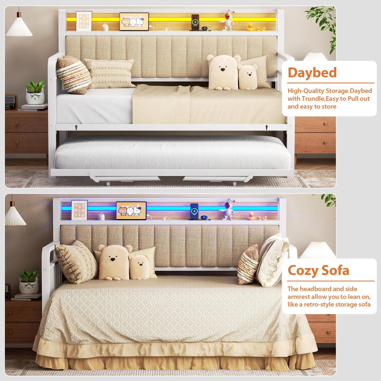 Daybed with Trundle and LED Light, Heavy Duty Metal Twin Bed Frame with Upholstered Storage Headboard & Charging Station, Day Bed Pop Up Trundle Bed Twin for Living Room,Bedroom and Guest Room (White) Jocoevol