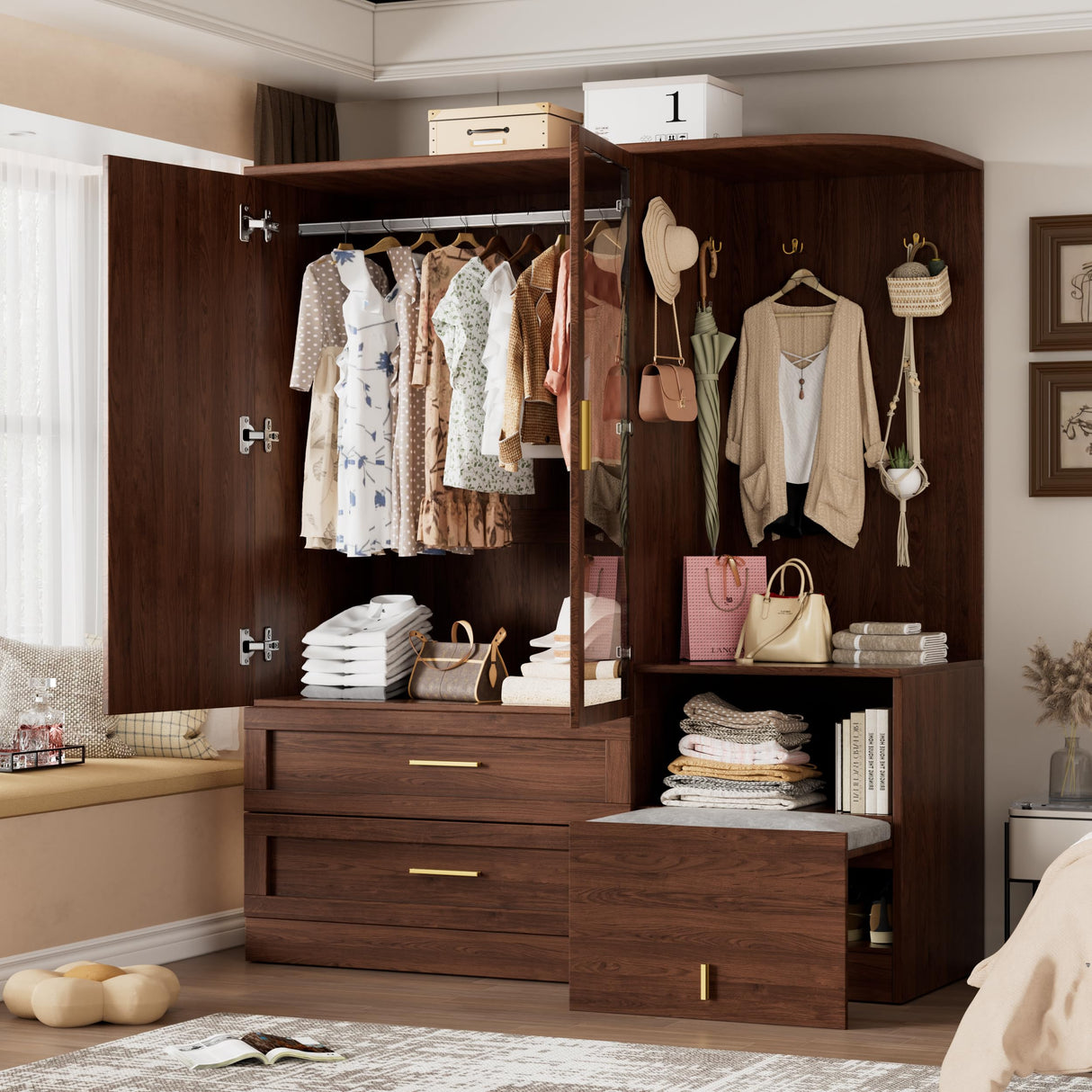 PAKASEPT 2 Doors Armoire Wardrobe Closet with Mirror,71'' Tall Freestanding Wooden Wardrobe Closet Farmhouse Storage Cabinet for Bedroom with Hanging Rod,Clothes Hook,Drawers,Hidden Bench,Retro Brown PAKASEPT