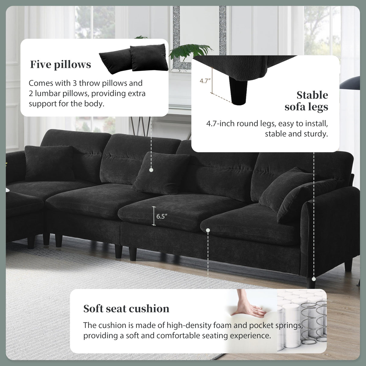 Merax 110 * 62" Modern 5 Seat Convertible Sectional Sofa with Ottoman & 5 Pillows, Cloud Chenille L-Shaped Reversible Couch Set for Living Room,Apartment, Black Merax
