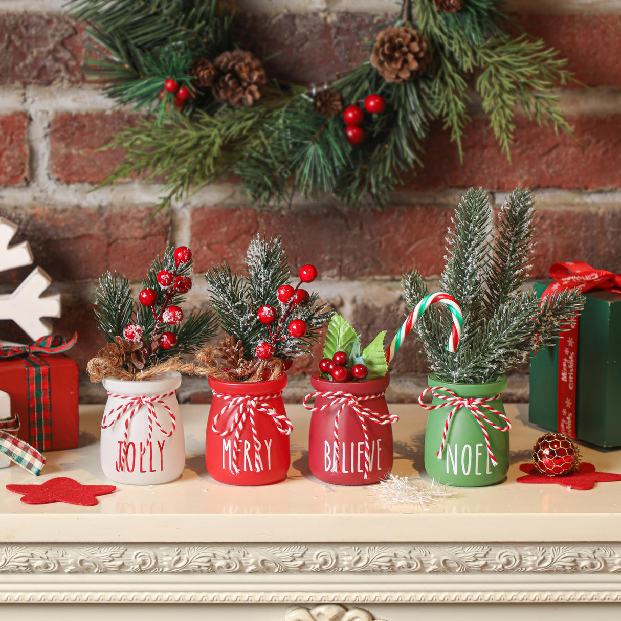 Christmas Mini Mason Jars, Winter Tiered Tray Decor, 4Pcs Holiday Farmhouse Decor Xmas Table Centerpieces Noel Merry & Jolly Decor for Home, Desk, Shelves, Christmas Gift WODOHOLO