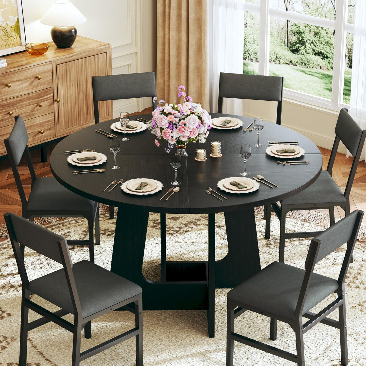 HUAHUU Round Dining Table Set for 6, 7-Piece Kitchen Table and Chairs for 6, 47'' Round Dining Room Table Set with 6 Chairs, Space Saving Dining Table with Wood Base for Kitchen, Living Room, Black HUAHUU