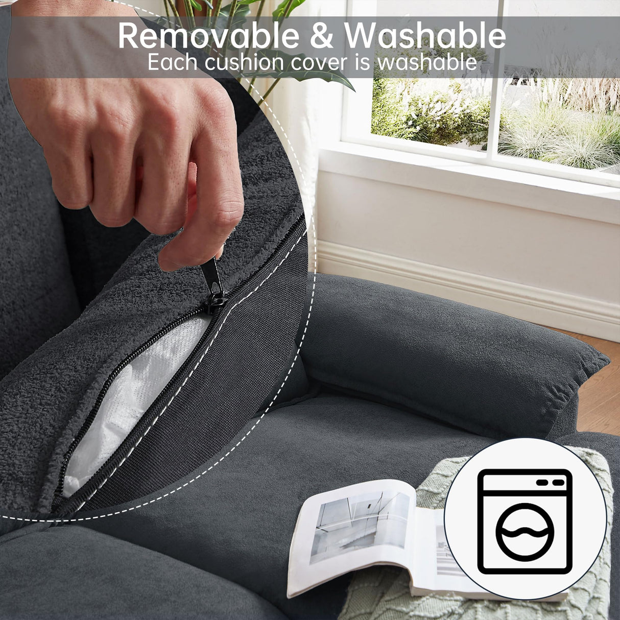 Enobala 110" Comfy Cloud Couch Sectional Sofa with Lumbar Pillows, Modern U-Shaped Cloud Sofa with Double Chaise & Deep Seat for Living Room, or Office, Easy Assembly, Dark Grey Enobala