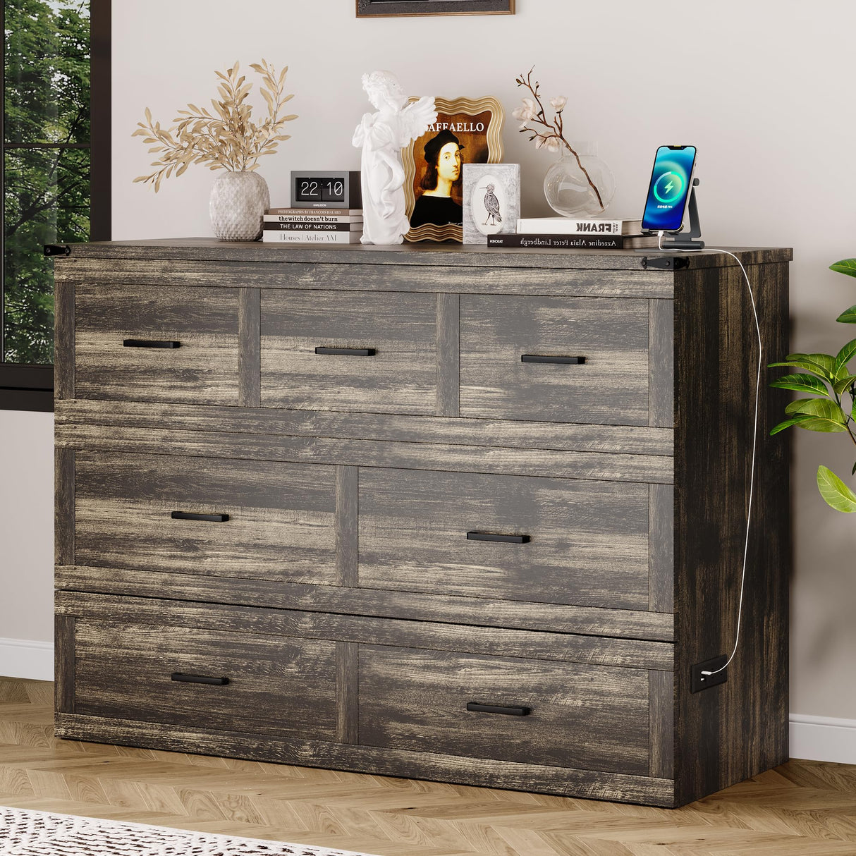 Bellemave Queen Murphy Bed, Cabinet Bed with Charging Station and 1 Large Storage Drawer, Farmhouse Murphy Cabinet with Foldable Panel, Noisy Free, for Guest Bedroom, Living Room, Rustic Gray Bellemave