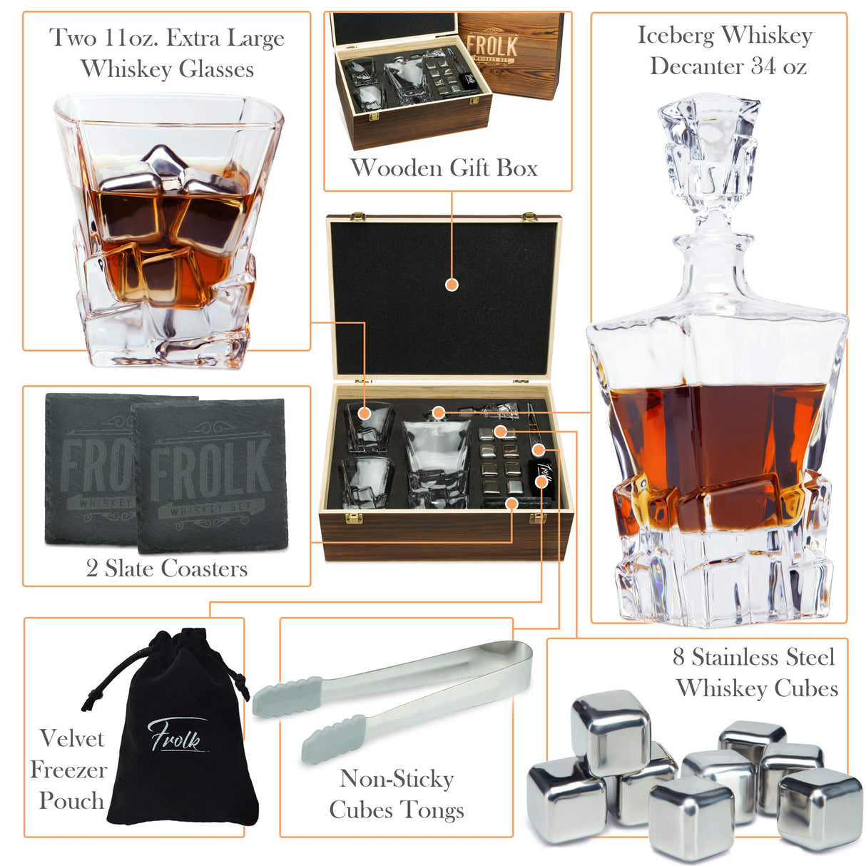 Whiskey Decanter and Stones Gift Set for Men - Whiskey Decanter, 2 Rocks Whiskey Glasses, 8 Stainless Steel Whisky Cubes, 2 Slate Coasters, Special Tongs & Freezer Pouch in Pinewood Gift Box Frolk
