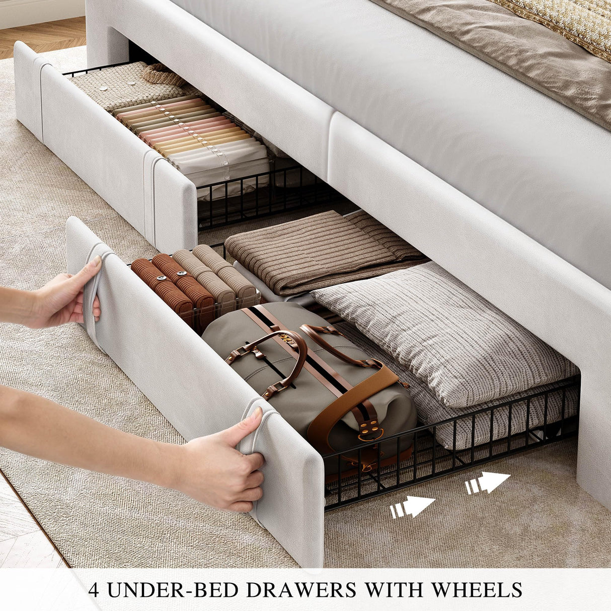 YITAHOME King Size Bed Frame with Adjustable Headboard, 4 Storage Drawers and RGB LED Lights, Velvet Upholstered Platform Bed with USB Ports, No Box Spring Needed, Fast Assembly, Noise-Free, White YITAHOME