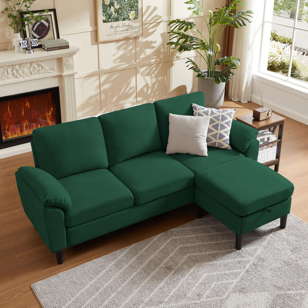Chireca 80" Convertible Sectional Sofa, Small L Shaped 3 Seat Couch with Reversible Storage Chaise, Modern Polyester Fabric Sofa Couches for Living Room, Apartment and Small Space, Green Chireca
