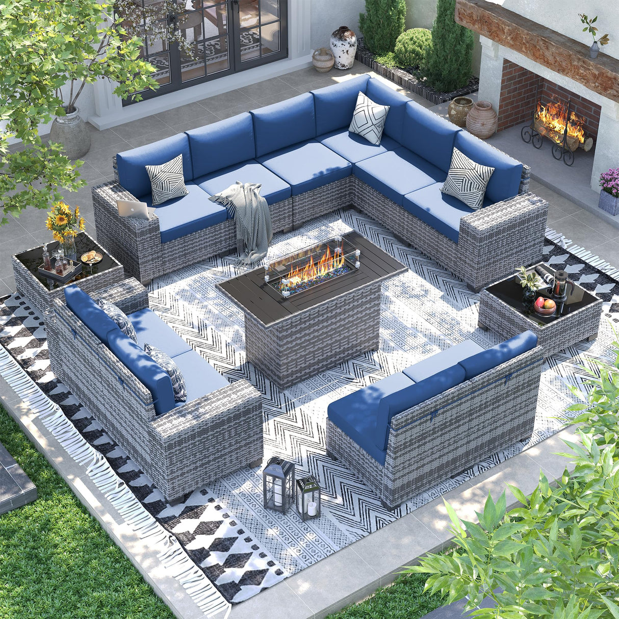 UDPATIO 13 Piece Patio Furniture Set with Fire Pit Table, 8''Wide Armrest Modular Rattan Outdoor Sectional Sofa Set,Wicker Patio Conversation Sets for Backyard,Deck w/ 4'' Cushions,Cover(Grey/Blue) UDPATIO