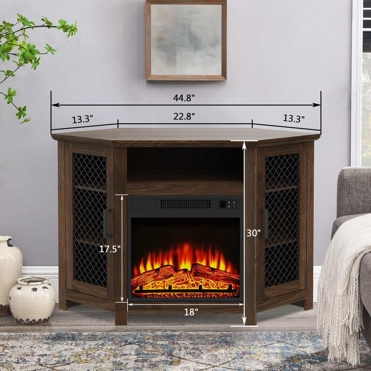 COMEFFIE 45" Corner TV Stand with 18" Fireplace Insert, Electric Fireplace Entertainment Center with Adjustable Shelves, Modern TV Stand Fit TVs up to 55 Inches for Living Room, Bedroom (Brown) COMEFFIE