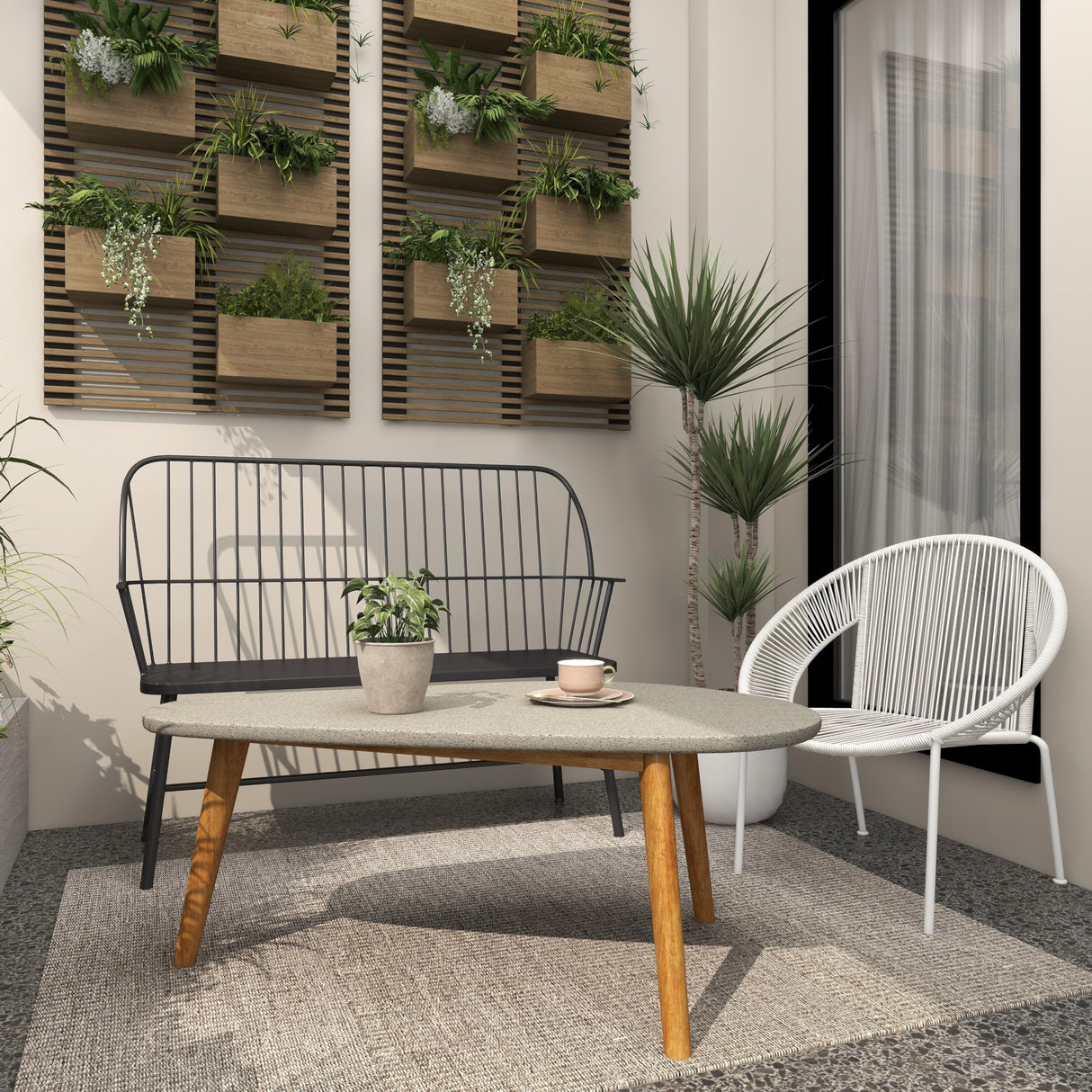 Deco 79 Metal Patio Outdoor Bench Grill Style High Back Frame Patio Bench with Trestle Legs and Armrests, Bench 48" x 19" x 38", Black Deco 79