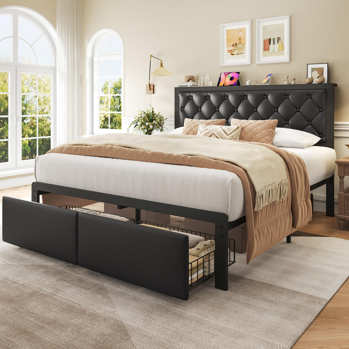 Fluest Queen Bed Frame with 2 Storage Drawers, Upholstered Headboard Button Tufted Bed Frame with Charging Station, No Box Spring Needed, Noise-Free, All Metal Structure, Black Fluest
