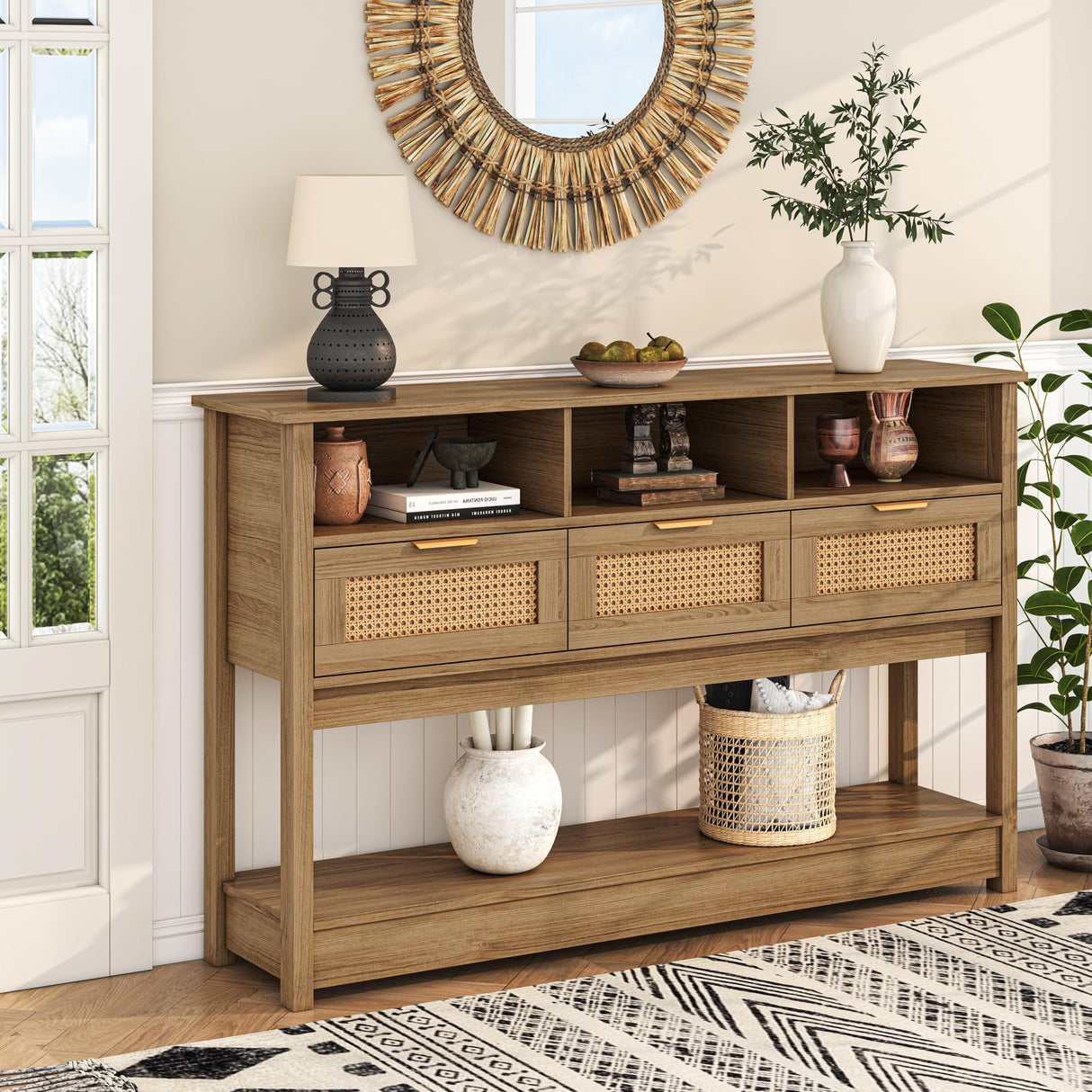 knoworld Rattan Console Table, Entryway Table Sofa Table with Storage, Hallway Foyer Table Behind Couch Table, Wood Console Tables Open Storage Shelf for Living Room, Hallway knoworld