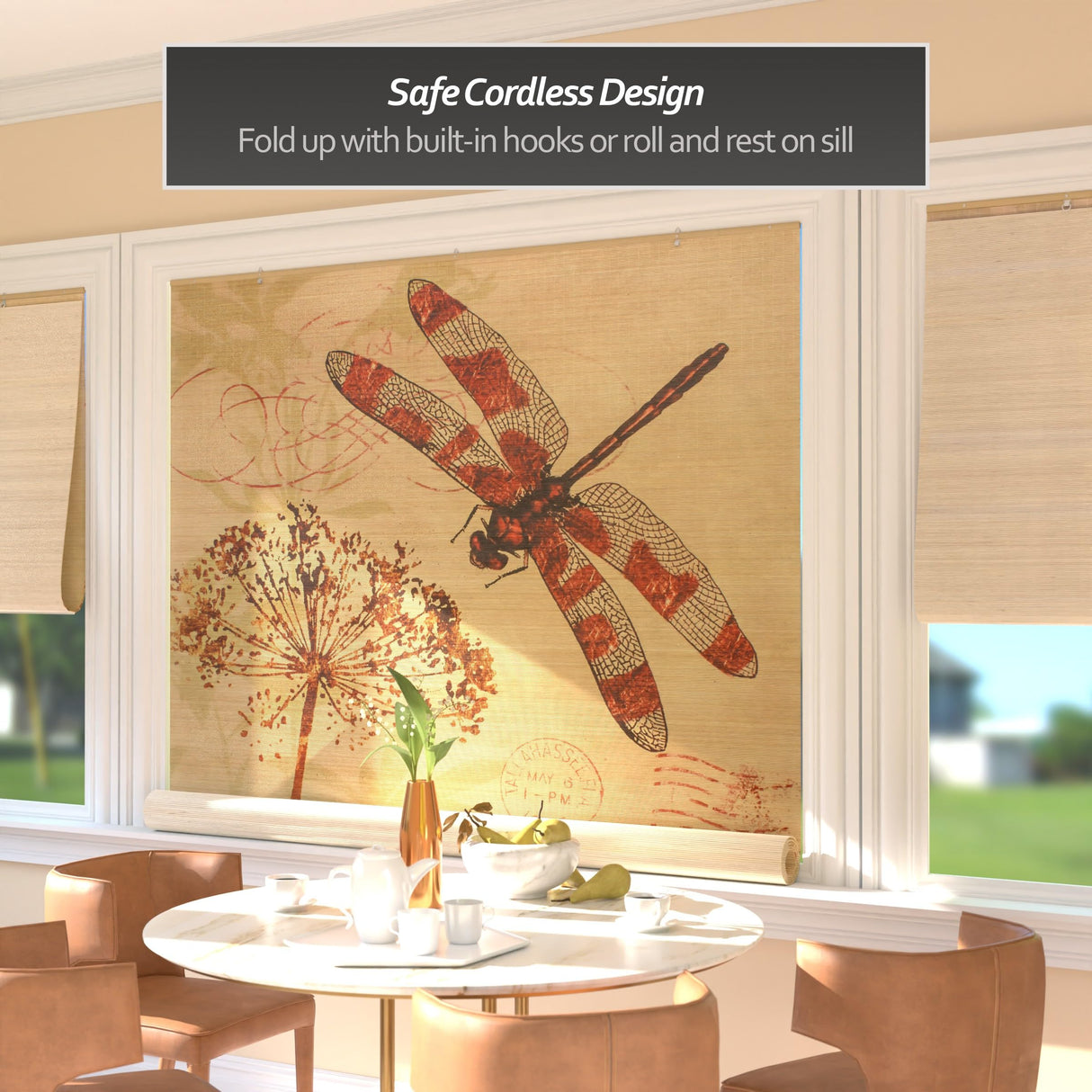 Red Lantern Bamboo Window Shade Blind - Dragonfly 72" Wide Red Lantern