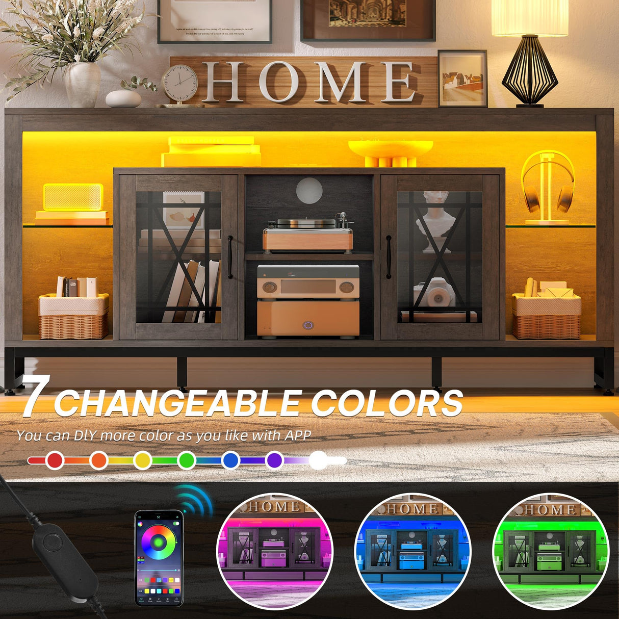 YITAHOME 33.5'' Tall TV Stand for 75 inch TV, LED Entertainment Center with Storage, Grey TV Stands for Living Room with Acrylic Doors & Power Outlets, Tall TV Console Cabinet, Grey YITAHOME