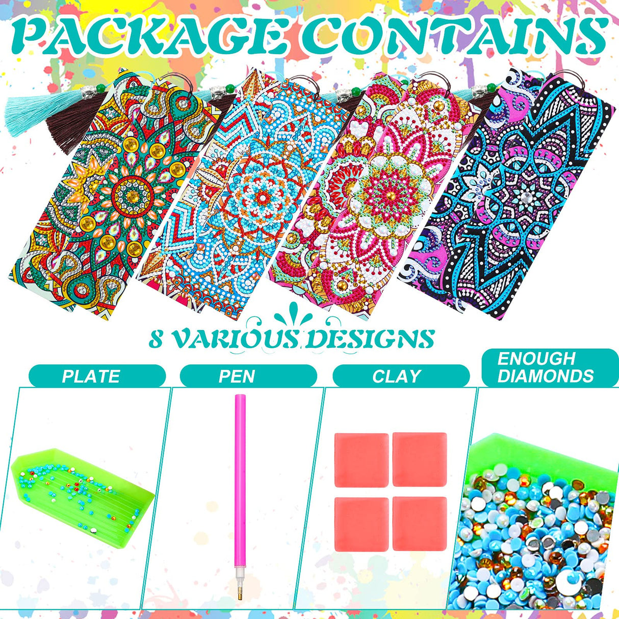 Zonon 8 Pcs Diamond Painting Bookmarks 5D Floral Art Painting Bookmarks PU Leather DIY Mandala Style Study Supplies with Tassels for Adults Gift Crafts Zonon