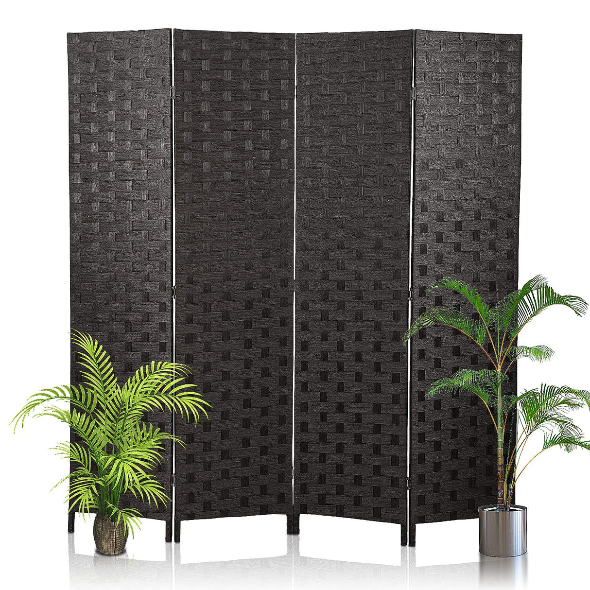 HCY Room Dividers, 4 Panels 6Ft Folding Privacy Screen Wood Mesh Hand-Woven Design for Living Room/Bedroom/Hotel (Black) HCY