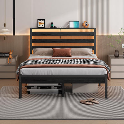 CLIBFENG 14 Inch Classic Metal Platform Bed Frame-Full Size Bed Frame with Headboard,Steel Slats Support-LED Bed Frame with USB Charging Station,Under Bed Storage,No Box Spring Needed,Noise Free