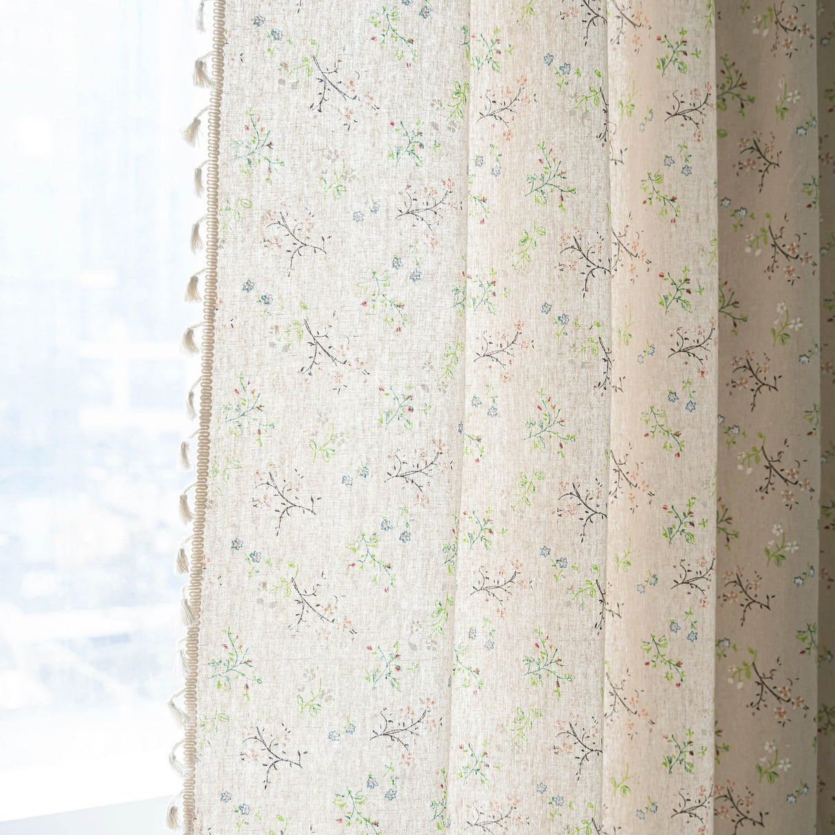ENJOYBRIDAL Floral Bedroom Curtains 84 Inch Length 2 Panels Set Farmhouse Semi Sheer Living Room Drapes Cotton Linen Blend Bohemian Window Curtain Panels with Tassel Beige Rod Pocket Drapes ENJOYBRIDAL