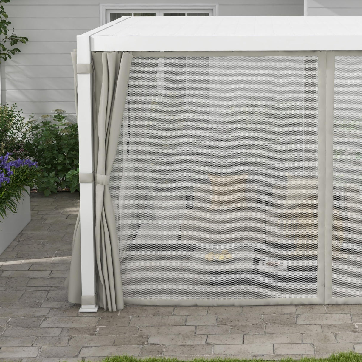 Outsunny 10' x 13' Louvered Pergola Hardtop Gazebo with Adjustable Aluminum Roof and Frame, Outdoor Pergola with Curtains and Netting, for Garden, Lawn, Backyard, and Deck, White Outsunny