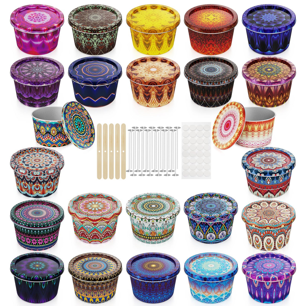 Happyhube Empty Candle Tins - 24 Pack 2.2 oz Metal Containers, DIY Candle Making Kits, Travel-Friendly Rust-Proof Tins with Lids (24 Patterns Jars) Happyhube