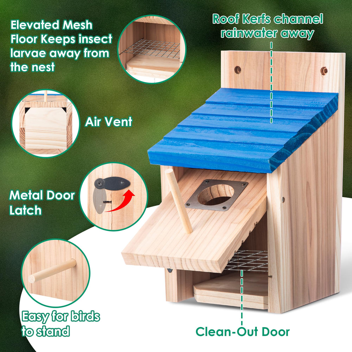 Dreyoo 2 Pack Cedar Bluebird Box Houses for Outside, 1-1/2'' Entrance Hole Wooden Bird Houses with Metal Guard, Secure Latch, Fledgling Grooves, Air Vents for Bluebird Wren Swallow Dreyoo