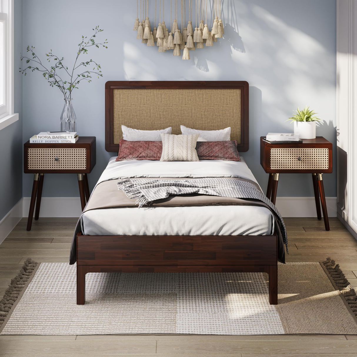 Bme Nipe 14 Inch Bohemian Bed Frame with Adjustable Woven Headboard - Rustic & Vintage Unique Style with Acacia Wood - No Box Spring Needed - Easy Assembly - Twin, Walnut Bme
