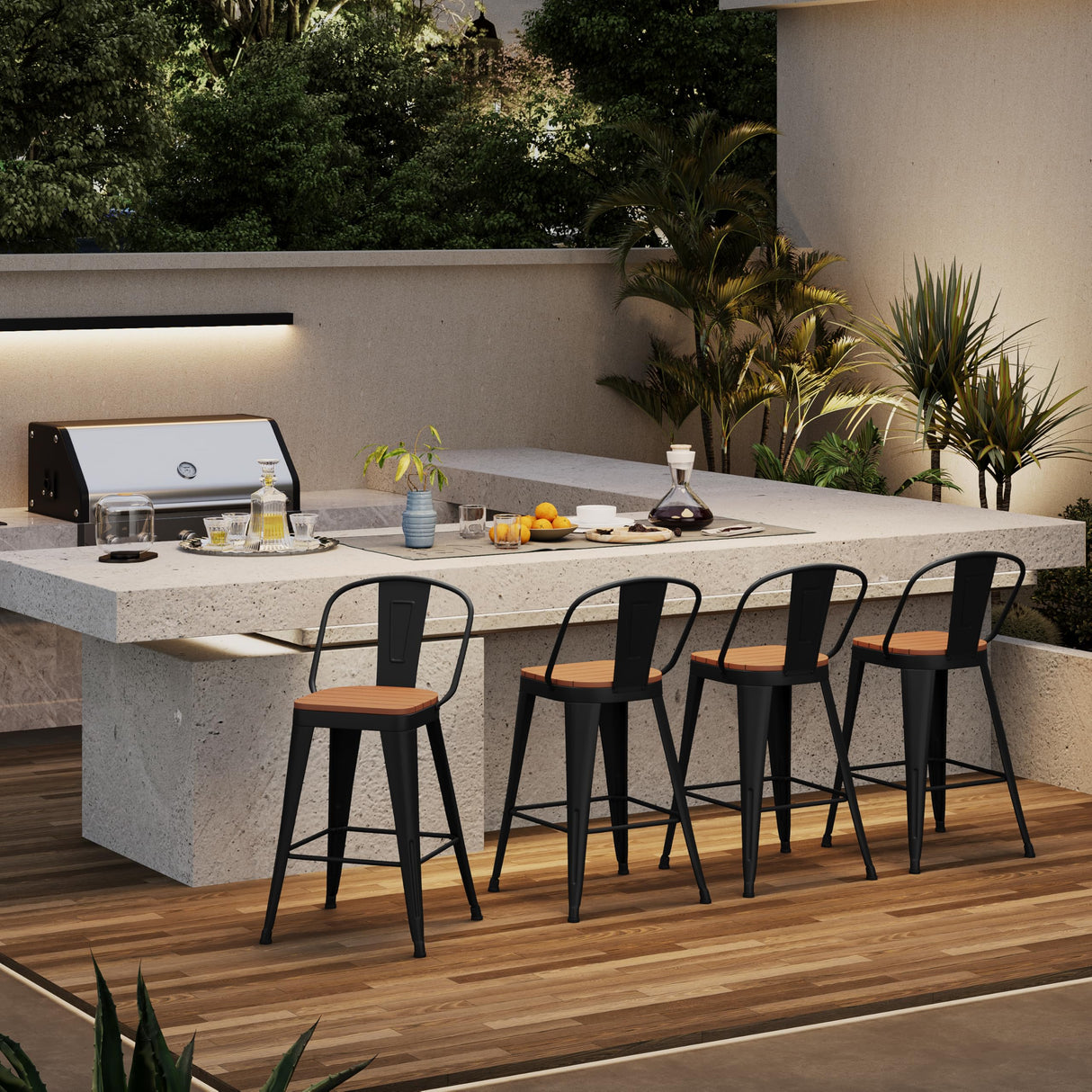 POINTANT Outdoor Metal Bar Stools Set of 4,24 inch Barstools Counter Height Bar Stool with High Back Farmhouse Kitchen Dining Chairs Bar Funiture for Outside POINTANT