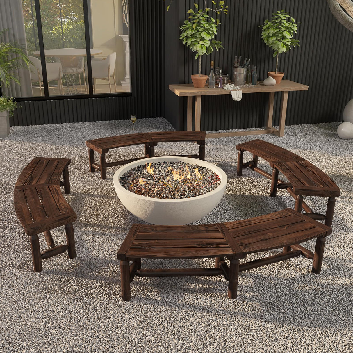 Giantex Rustic Brown Curved Outdoor Bench for 2 - Stylish Fire Pit Chair with Fir Wood Surface and Pine Legs Giantex