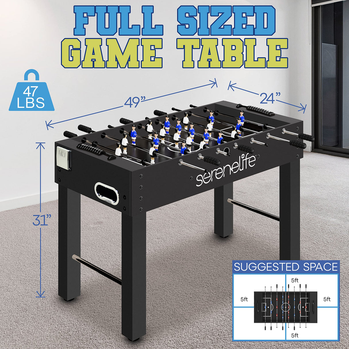 SereneLife 48in Competition Sized Foosball Table, Soccer for Home, Arcade Game Room, 2 Balls, 2 Cup Holders 2x4ft for Man Cave or Basement - Standing or Tabletop, Black SereneLife