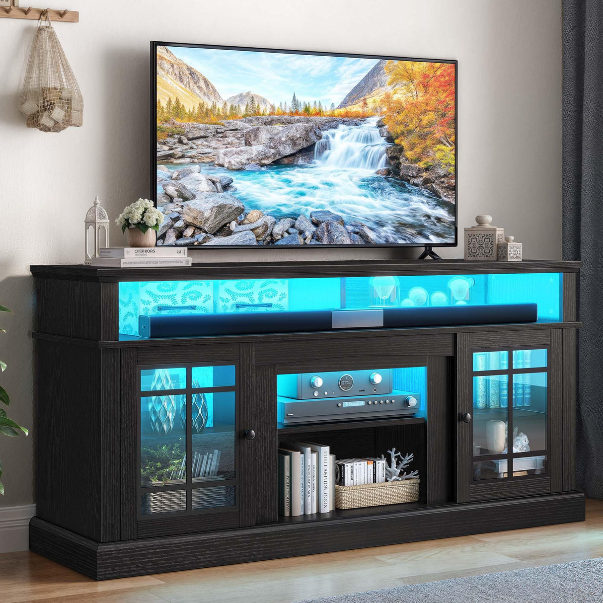 YITAHOME Black TV Stand for 75 Inch TV, LED Modern Entertainment Center with Adjustable Shelves and Glass Doors, 32'' Tall Television Stands TV Media Console Table for Living Room, Black YITAHOME