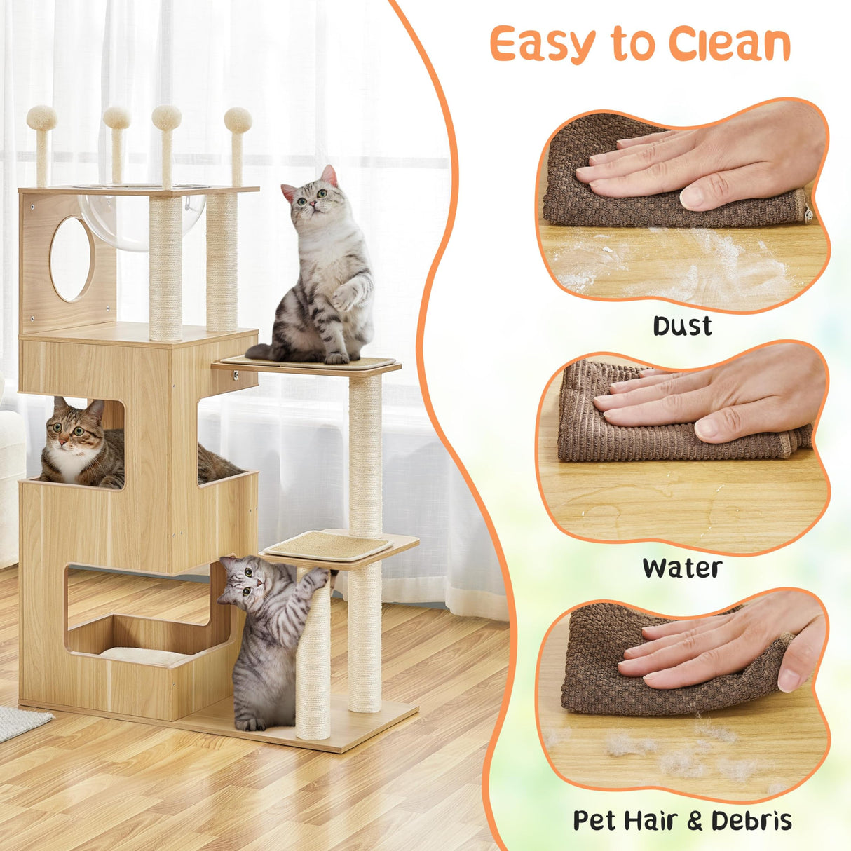 Yaheetech Wooden Cat Tree, 53in Modern Cat Tower for Indoor Cats with Scratching Posts Washable Detachable Cushion, Clear Bowl & Teasing Balls, Multi-Level Heavy Duty Cat Condo Furniture for Large Cat Yaheetech