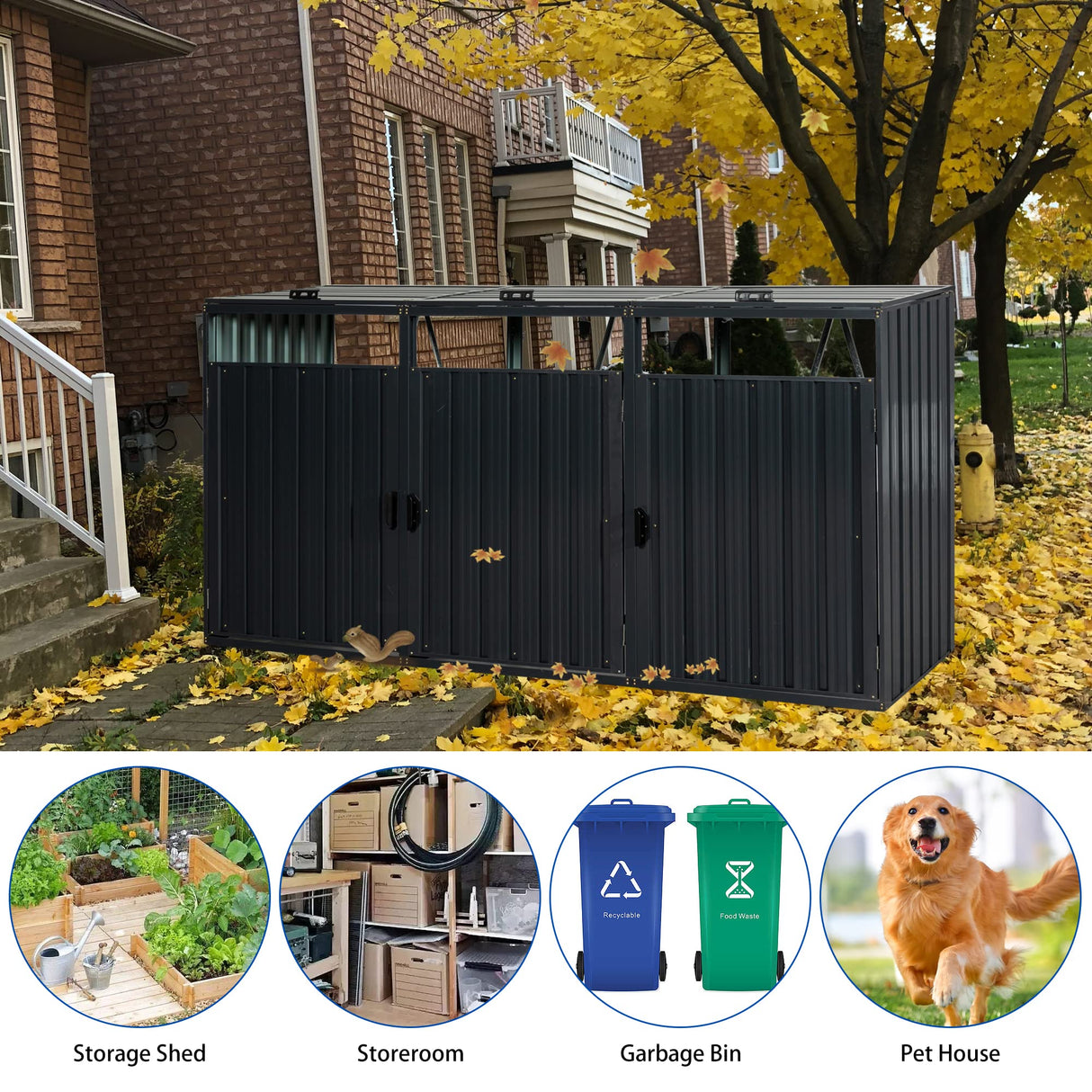 Outdoor Trash Can Storage with 3 Trash Cans,Garbage Can Storage Shed Ideal for Trash Bins, Toys, Garden Tools - Perfect for Garden, Backyard, & Patio Use (Charcoal, 3 Trash Cans) Wohh