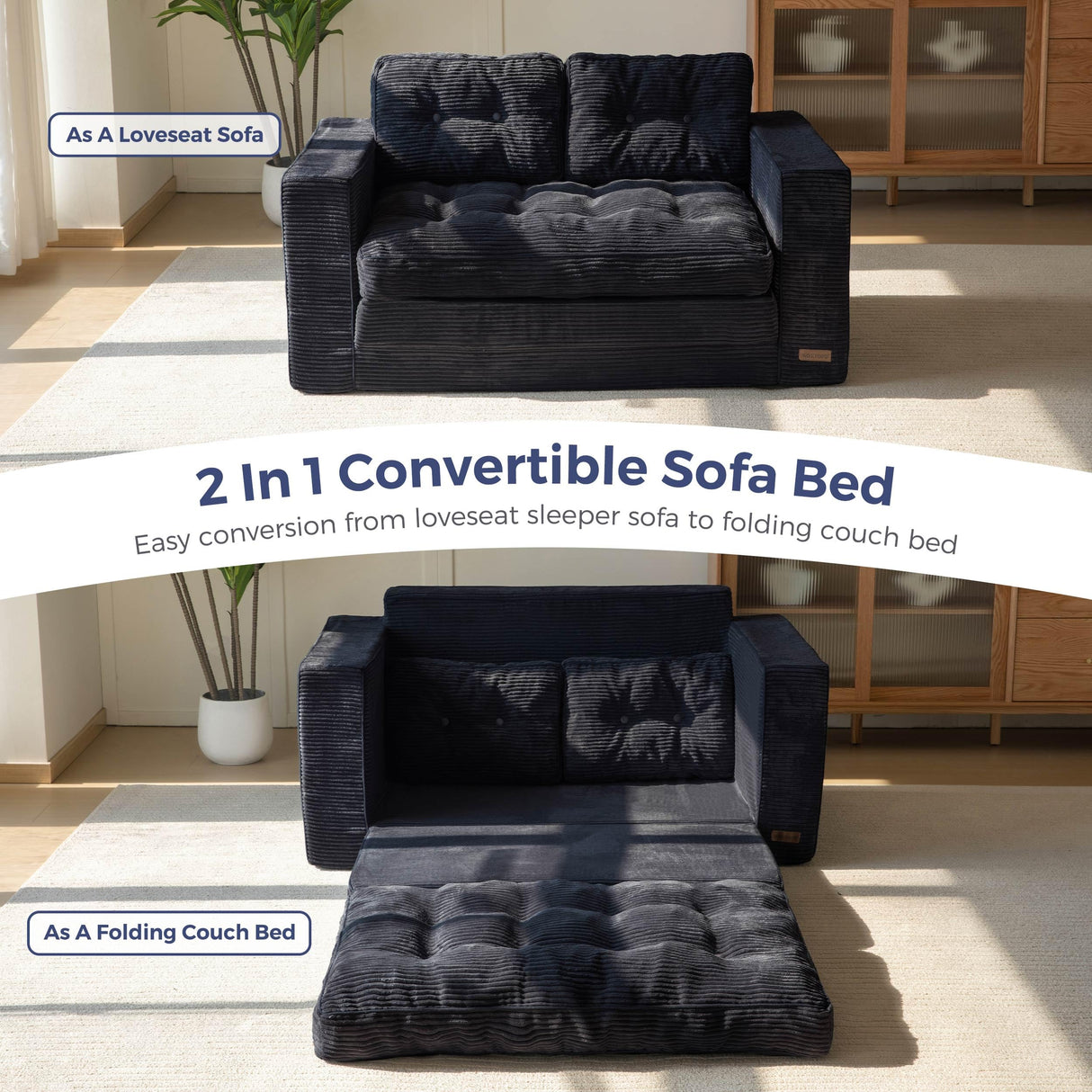 MAXYOYO Convertible Sofa Bed, Pull Out Loveseat Sleeper Sofa, 2 in 1 Folding Couch Bed, Fold Out Floor Couch with Pillows for Living Room Bedroom Lounge, Black MAXYOYO