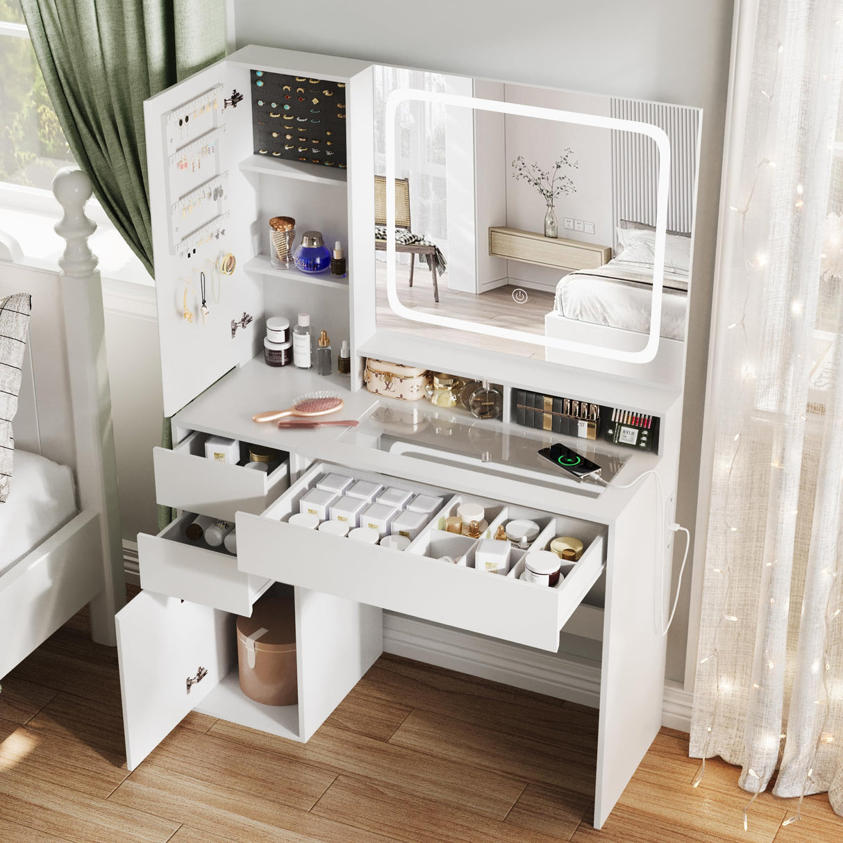 Makeup Vanity Desk Mirror with Lights, White Vanity Desk with Glass Top, Makeup Vanity with Power Outlet, Dressing Table with Jewelry Cabinet, 3 Drawers, Vanity for Women Maupvit