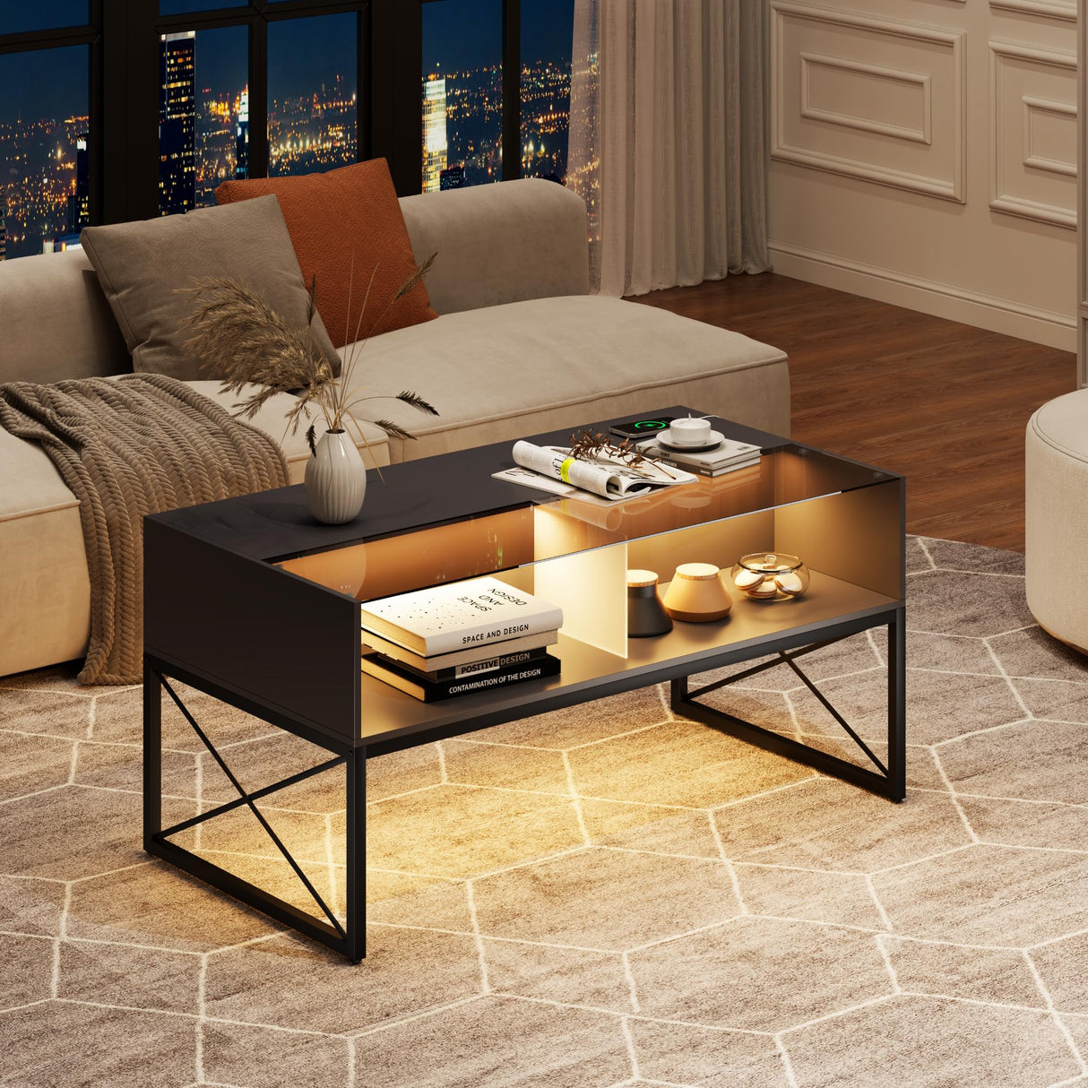 Glass Coffee Table with Storage, Grey Mid Century Modern Coffee Table for Living Room, Smart Led Light Wood Coffee Table HWB