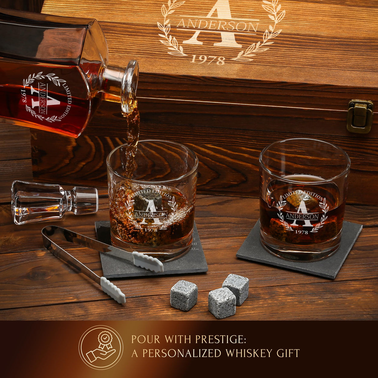 Personalized Whiskey Decanter and Stones Set - Customized Gift for Him - Men, Dad, Father - Engraved Old Fashioned Decanter, Glasses, 9 Granite Stones in Container, Coasters, Tongs in Wooden Gift Box Frolk