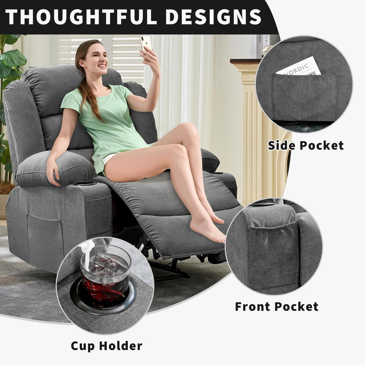 GarveeHome Wide Manual Recliner Chair for Adults – Widen Oversize Overstuffed Breathable Fabric Lounge Chair with 3 Angle Modes 2 Cup Holders Side Pockets GarveeHome