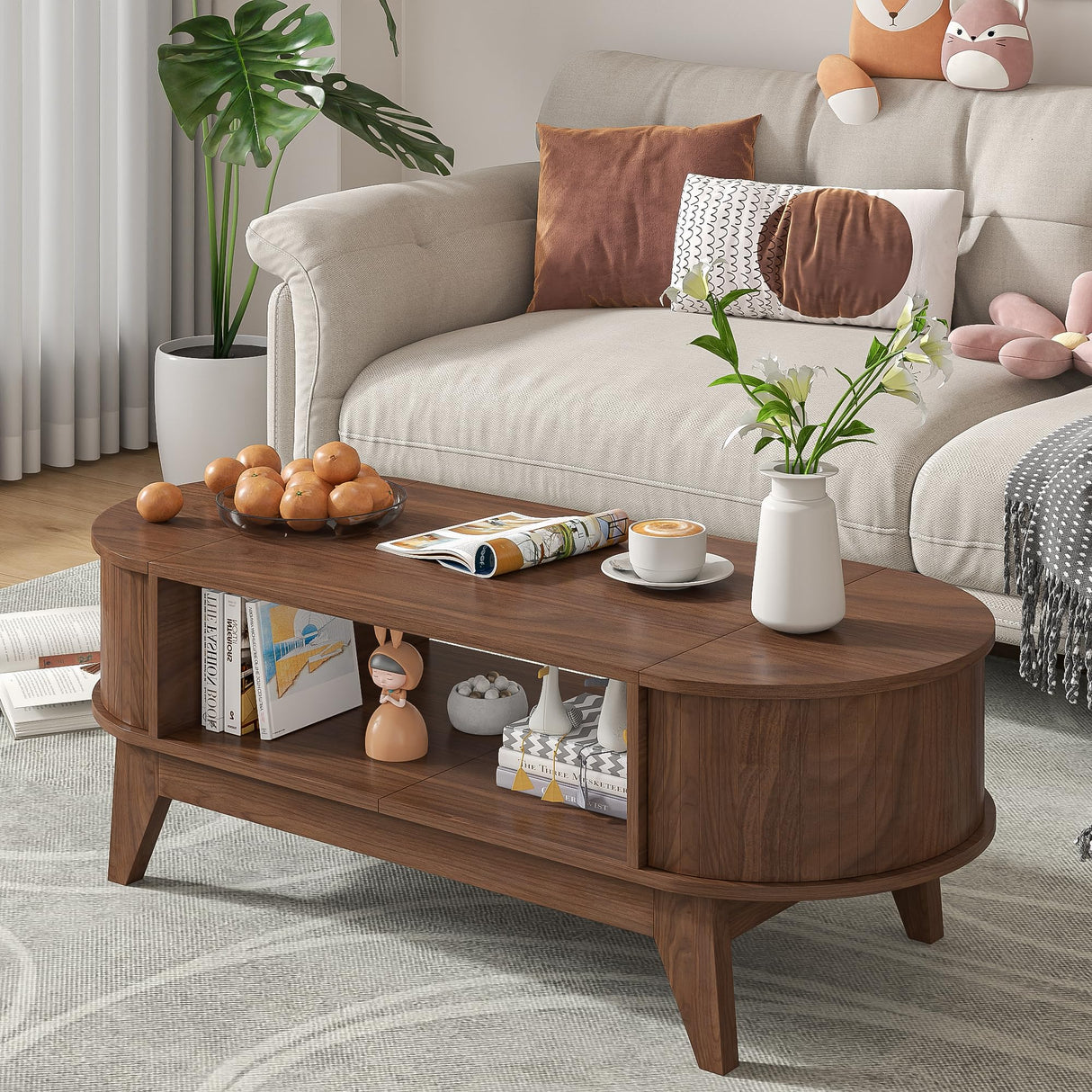 Coffee Table with Storage,Mid Century Modern Coffee Tables with 2 Flip-Top Hidden Lids,Fluted Coffee Table,Wood Center Tables for Living Room Home Office (Walnut Color) Mxtxmy