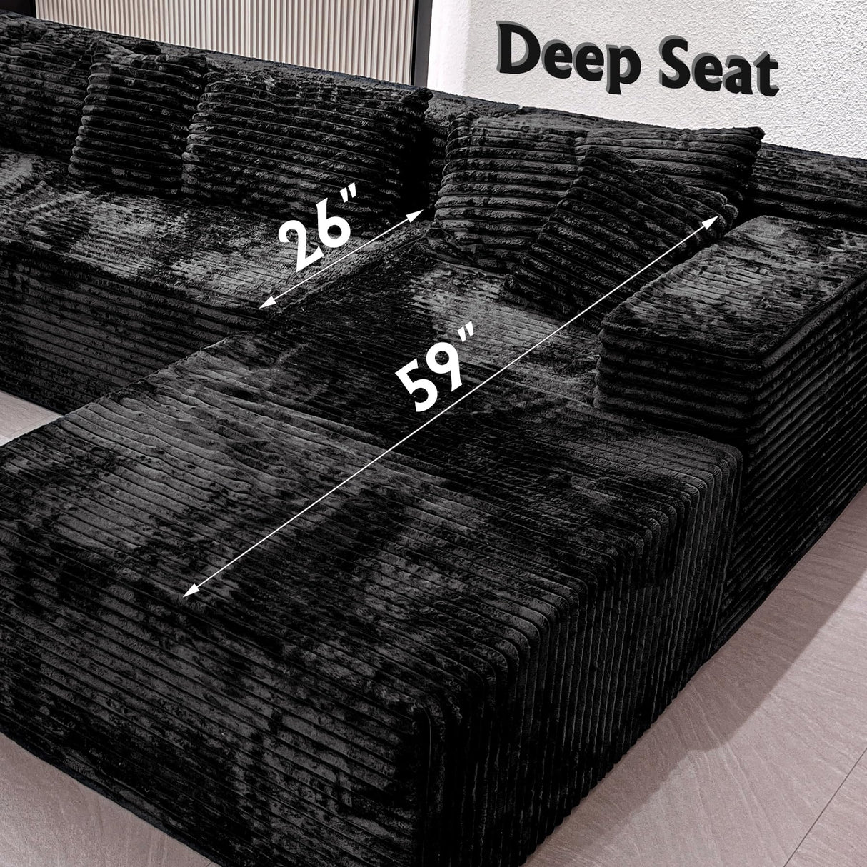Boneless Modular Sectional Sofa, Cloud Couch with Right Facing Chaise, Oversized Deep Seat, L-Shaped, Soft Corduroy Fabric, Sectional Couch for Living Room -Black NMXUXMN