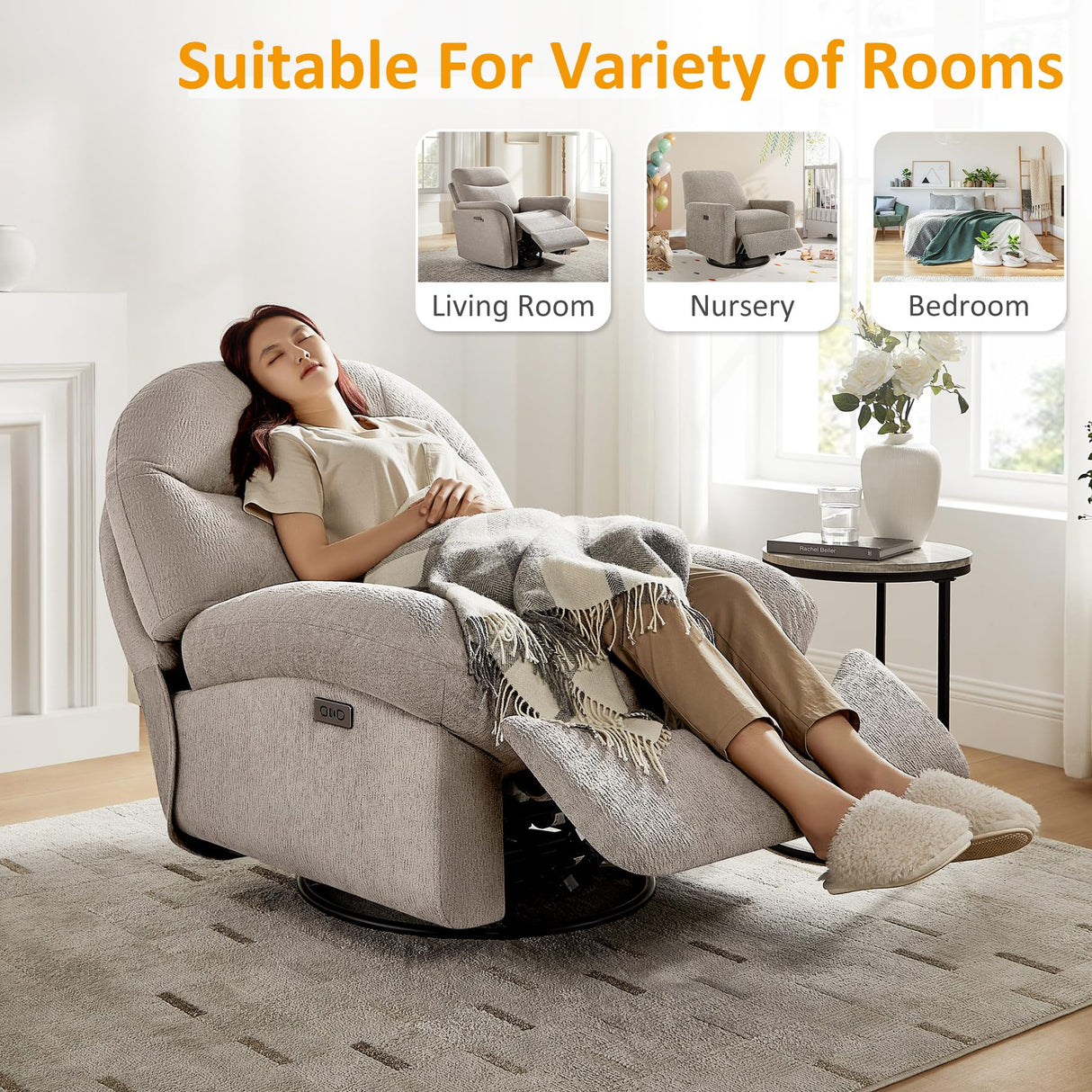 VANOMi Power Recliner Chair with USB & Type-C Charging, 270° Swivel Glider Rocker, Electric Nursery Recliner for Living Room, Bedroom, and Office, Light Gray VANOMi