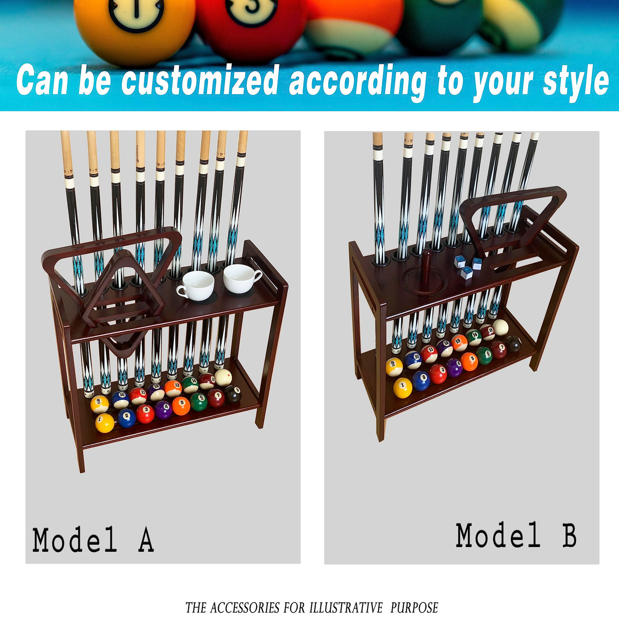 GACCO BILLIARDS Pool Stick Holder Floor Stand Holds 9 Cues & Pool Table Accessories. Wooden 2-Tier Cue Stick Storage with Ball Rack Hangers, Billiard Cone Chalk Holder or Drink Pads (Mahogany) GACCO BILLIARDS