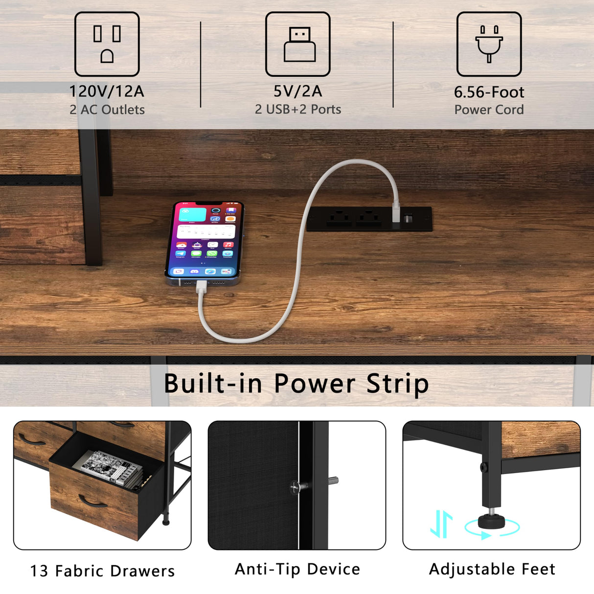 Welfuturer Rustic Dresser with Charging Station and LED Lights Large 13 Drawers Dresser Fabric Chest of Drawers for Bedroom Living Room Hallway Entryway Closets Sturdy Frame Wood Top Brown Welfuturer