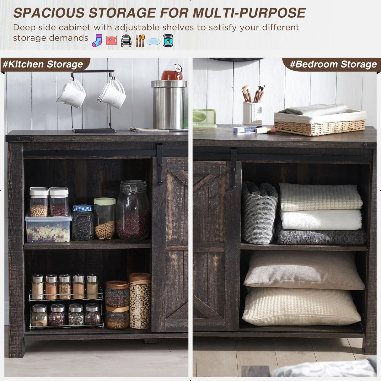 Farmhouse Rustic Sideboard Buffet Cabinet with Sliding Barn Doors and Drawers - 60" Dark Rustic Oak T4TREAM