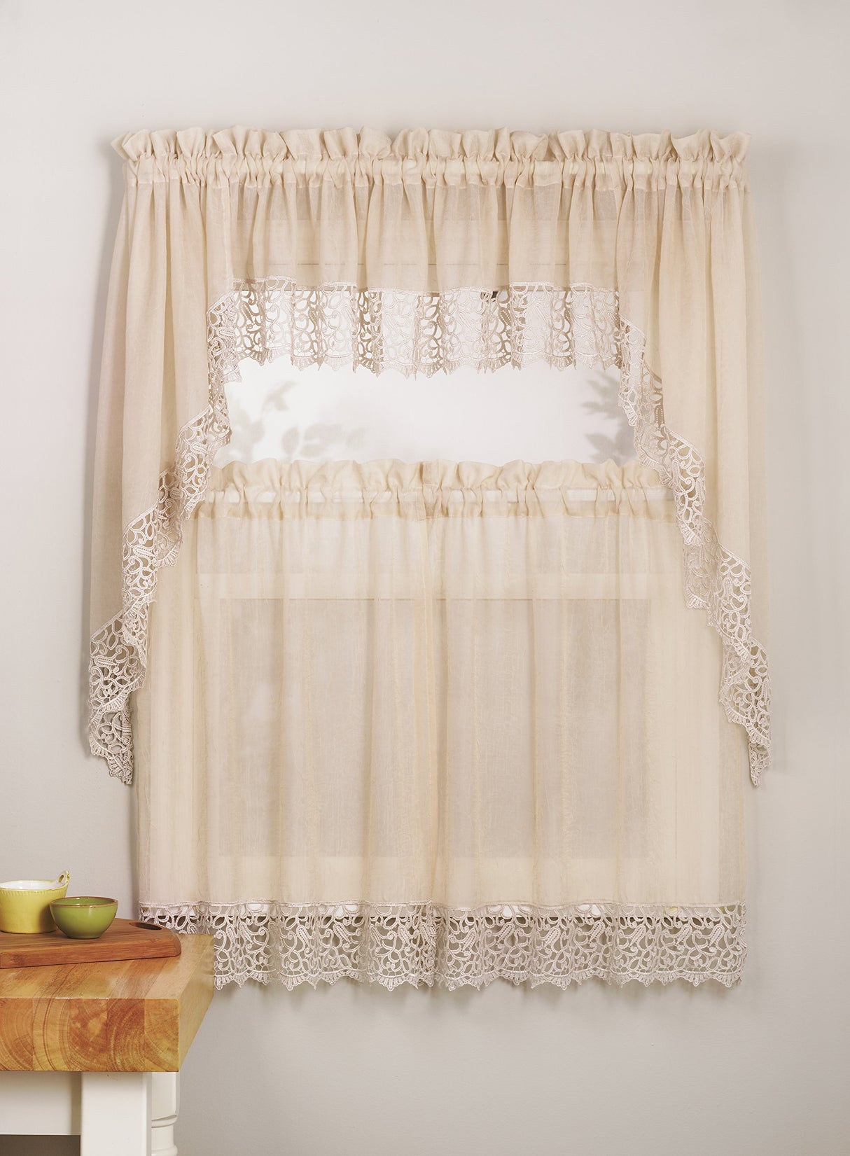 Mk Collection 3pc White or Beige Crushed Kitchen/Cafe Curtain Tier and Swag Set (Beige) MK Home