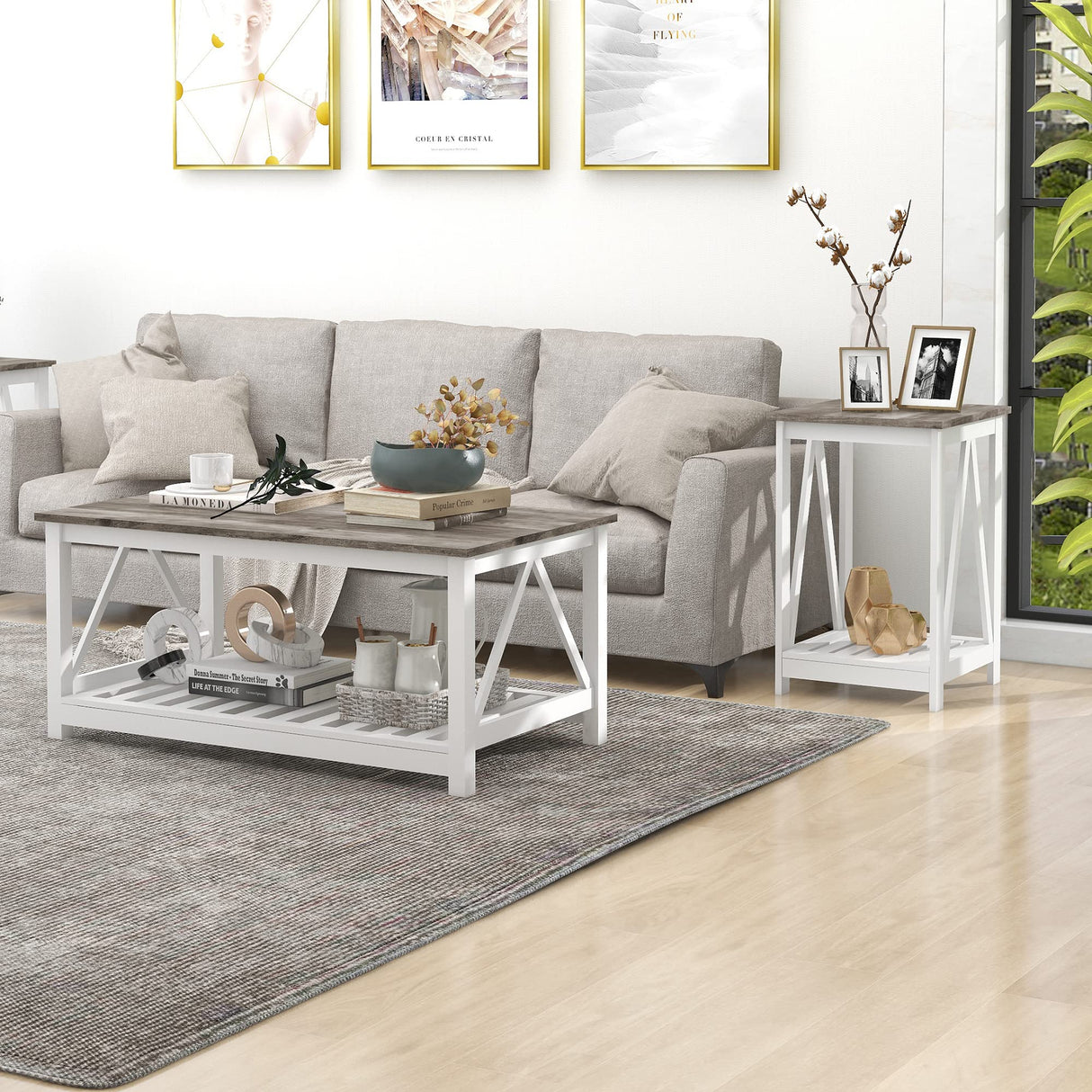 UYIHOME Farmhouse Coffee Table and End Table Set, Oak Grey Wooden Living Room Furniture with Slats Base, Oak Grey UYIHOME