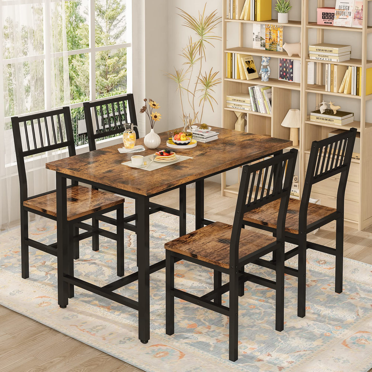 AWQM 5 Pieces Dining Table Set, Industrial Dining Table and Chairs for 4, Metal Frame with Wood Top, Kitchen Table Set for Dining Room, Breakfast Nook, Small Space, Rustic Brown AWQM
