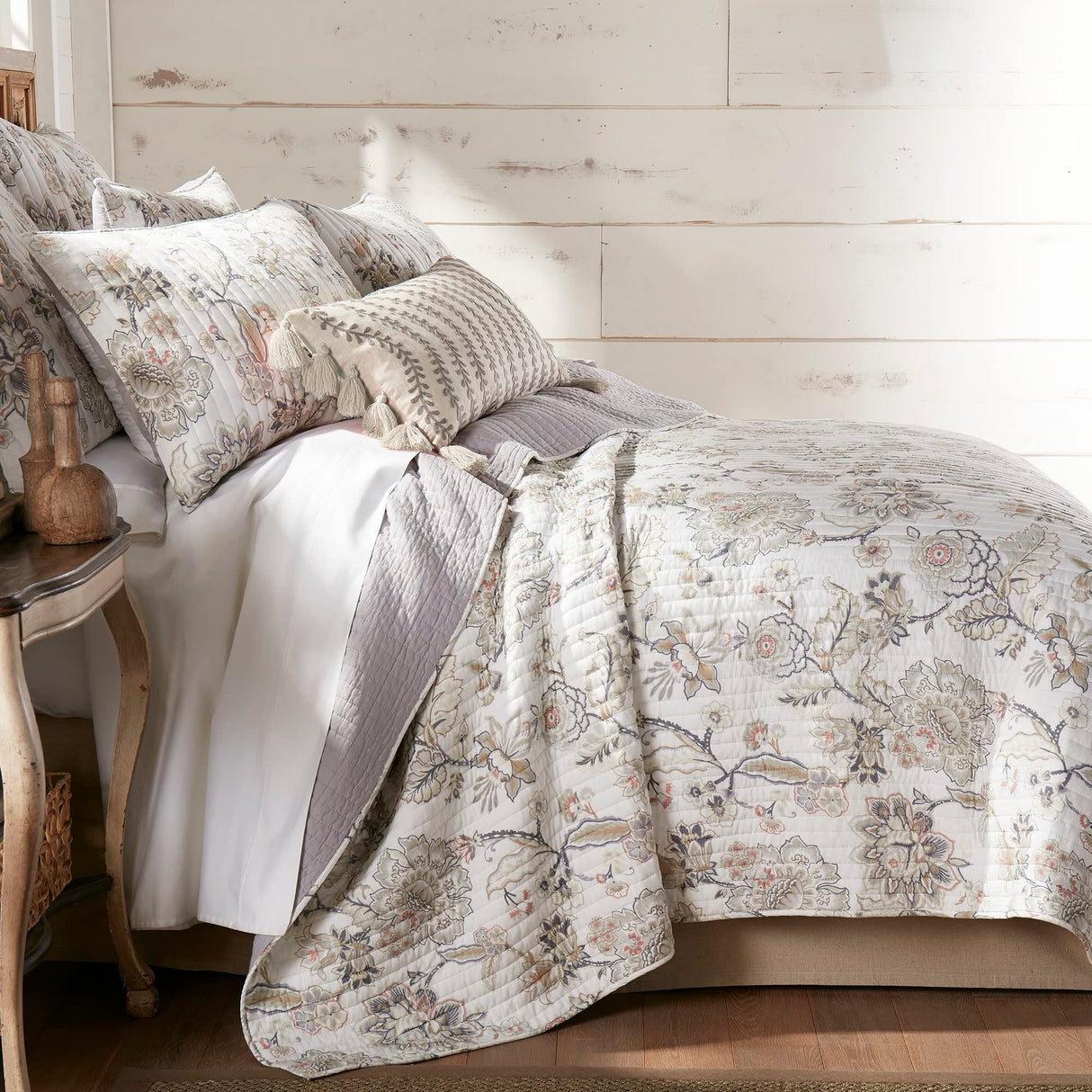 Levtex Home - Ophelia Quilt Set - King Quilt and Two King Shams - Floral - Taupe Grey Cream Blush - Quilt (106x92in.) and Shams (20x36in.) - Reversible - Rayon/Cotton Levtex Home