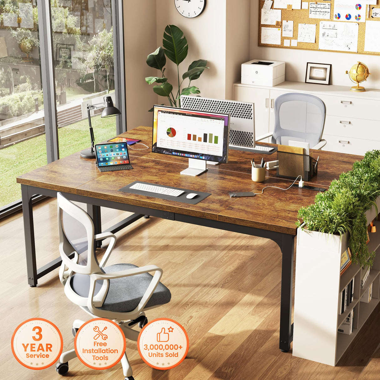 Huuger 63 x 24 inch Desk with Power Outlets & USB-C, Deeper & Thicker Desktop, Robust Metal Tubes, Computer Desk, Heavy Duty Office Desk, Work Gaming Desk, for Home Office, Rustic Brown Huuger